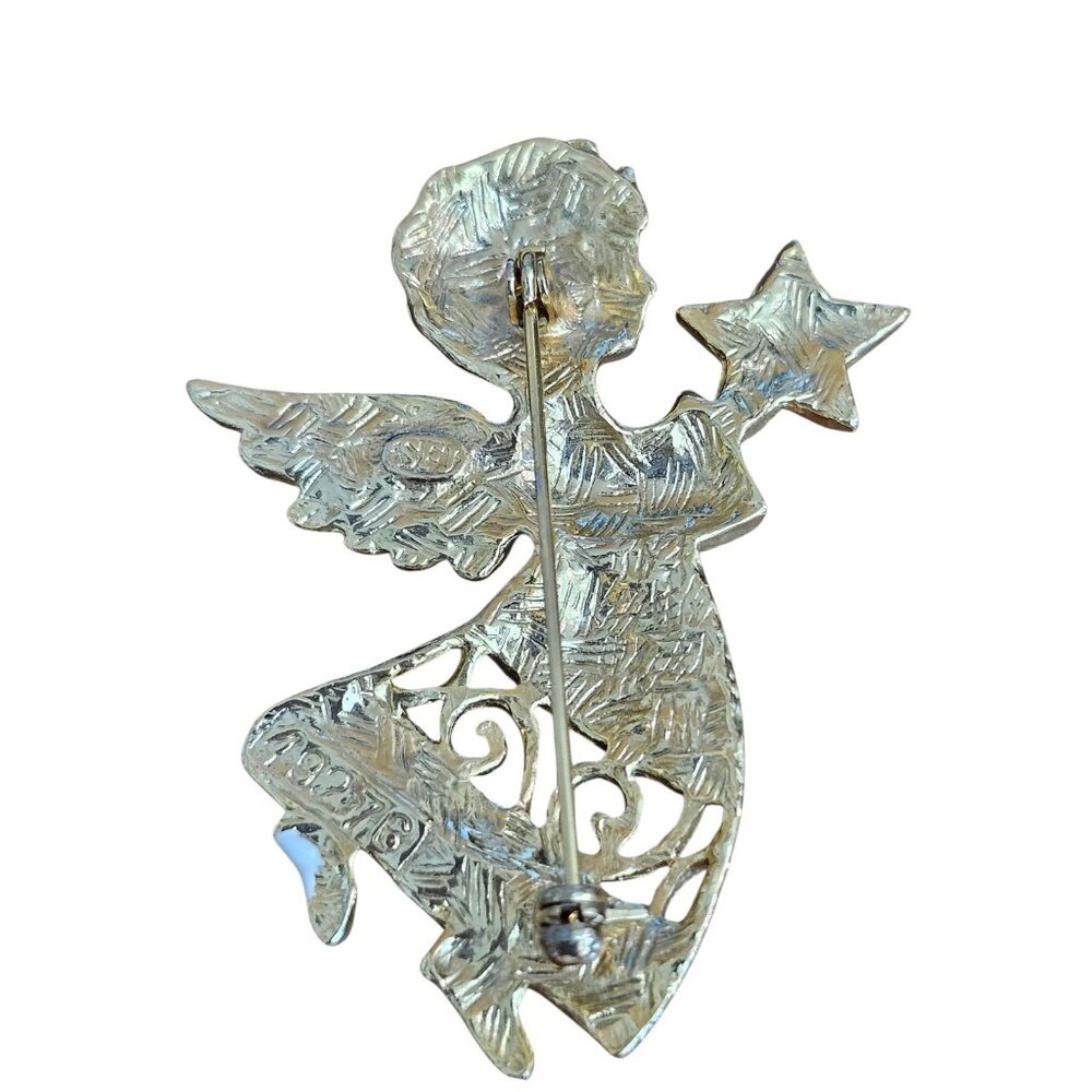 Vintage Signed SFJ Christmas Holiday Angel Star Statement Pin Enamel - Picture 2 of 6